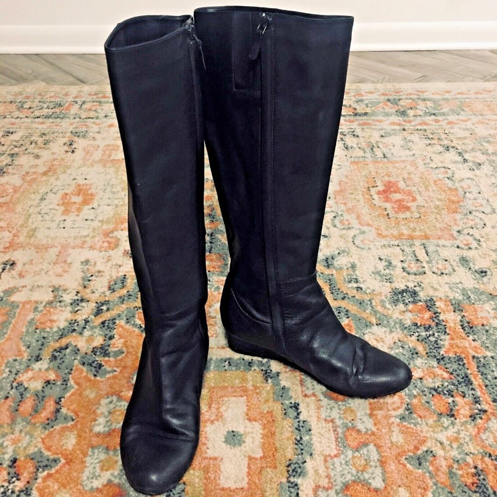 COLE HAAN Black Soft Leather Mini Wedge Tall Riding Zip Up Boots Women's Size 9B
